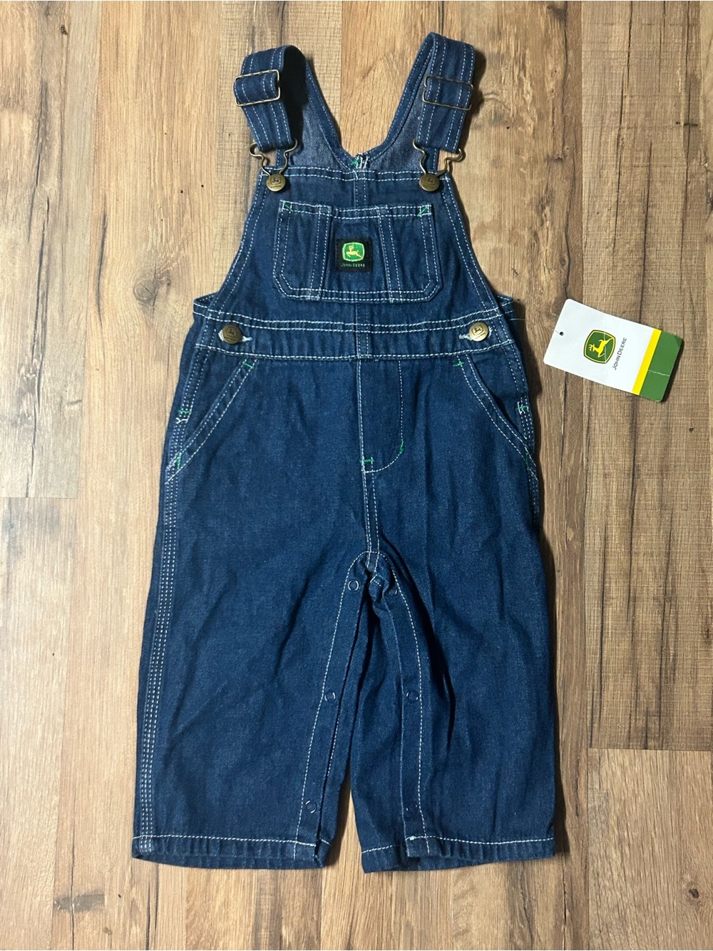 John Deere Overalls Baby 12M Blue Denim Bib Dungarees Logo Adjustable Straps